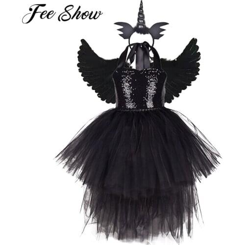 Kids Girls Vampire Witch Costume for Halloween Cosplay Party Costume Sequins Halter High-Low Tulle Dress Angel Wing and Headband