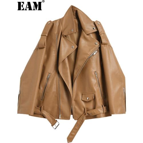 [EAM] Loose Fit Pu Leather Brown Big Size Jacket New Lapel Long Sleeve Women Coat Fashion Tide Spring Autumn 2021 1DE0636