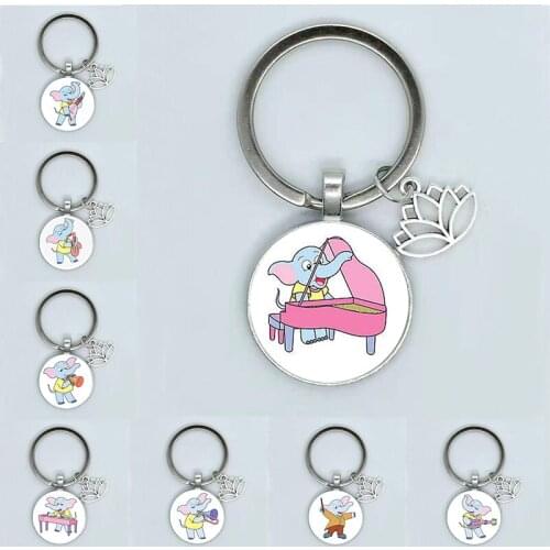 Hot Sale Round Glass Cabochon Very Cute Elephant Cartoon Playing Musical Instrument Pattern Glass Handmade Keychain Car Keychain