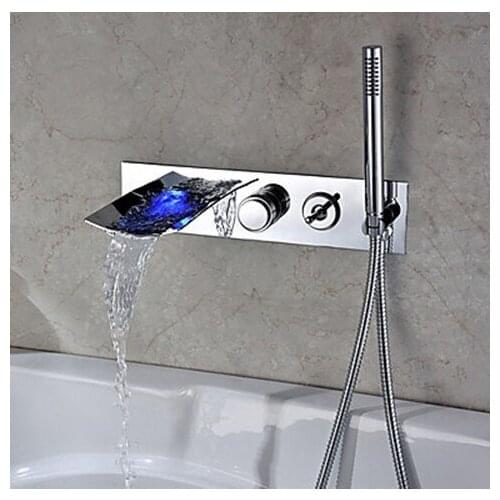 Chrome Finish Color Changing Wall Mount Tub Faucet With Hand Shower