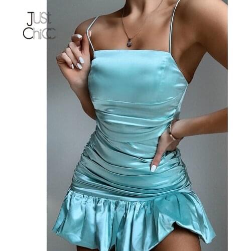 Justchicc Ruffles Pleated Blue Dress Women Spaghetti Strap Satin Short Summer Mini Bodycon Dress Sexy Club Party Dress Vestidos
