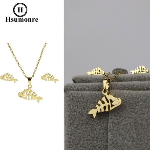 Hollow Fish Necklace Earrings Set Love Necklace Charm Pendant Best Gift for Mother Girlfriend Golden Color Stainless Steel