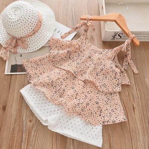Melario Girls Clothing Sets Summer Kids Clothes Floral Chiffon Halter Embroidered Shorts with Hat 3pcs Suit Children Clothing