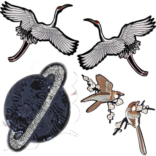 New Red-crowned Crane Flower Birds Lace Patch Clothes Stickers Affixed Embroidered Applique Floral Patches Diy Accessories