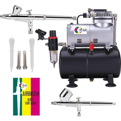 OPHIR 2-Dual Action Airbrush Kit with Air Tank Compressor for Nail Art Makeup Cosmetic Body Paint Air Brush Gun_AC090+004A+073