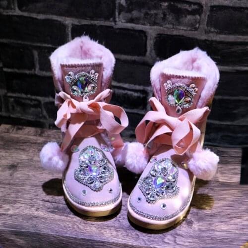 Luxury crystal rabbit fur ball pink leather snow boots lace fur female cotton shoes handmade models