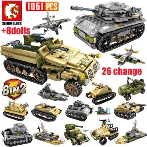SEMBO 1061Pcs WW2 Deformation War Chariot Building Blocks Military Electric Tank Army Soldiers Figures Bricks Toys for Boys