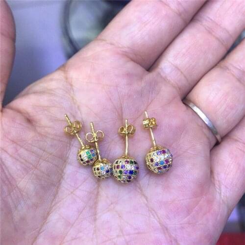 5 pcs/lot rainbow color cz cubic zircon crystal beads charm paved round ball stud earring for women girl birthday jewelry gift