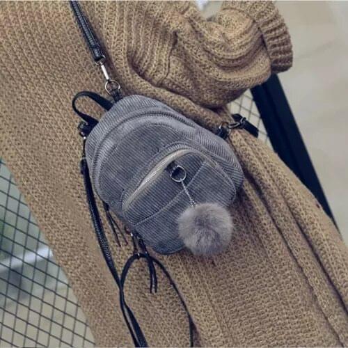 Fashion Bag Women Girls Corduroy Backpack Solid Travel Small Zipper Shoulder Corduroy Bag Fluffy Ball Hanging Backpacks