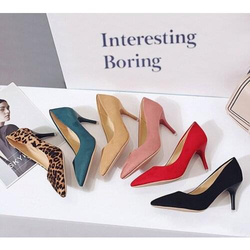 The spring 2020 new ply-size versatile PU high heel shoes with rubber overset feet and suede toe shoes red bottom high heels