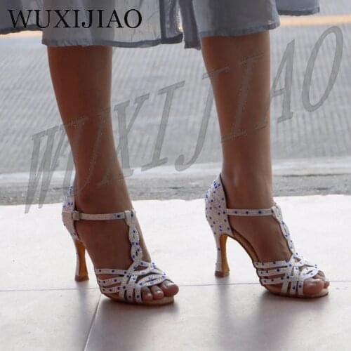 WUXIJIAO Women Party Dance Shoes Satin Shining rhinestones Soft Bottom Latin Dance Shoes Woman Salsa Dance Shoes heel5CM-10CM