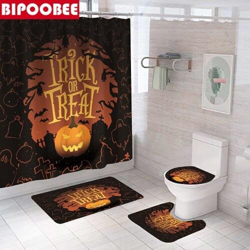 Vintage Halloween Shower Curtain Pumpkin Ghost Tombstone Print Bathroom Curtains Non-Slip Rugs Toilet Lid Cover and Bath Mat