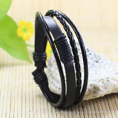 Vintage 6Pcs/lot Retro Black Leather Bracelets Men Multilayer Braided Rope Bracelets for Male Ethnic Tribal Wristbands J123