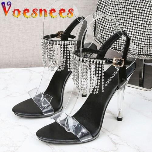 Voesnees Women Sandals Summer New PVC Vamp Transparent Crystal High Heels Ankle Rhinestone Tassel Buckle Strap Stiletto Shoes
