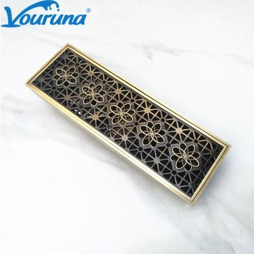 VOURUNA Antique Brass Floor Drain Flower Art Carved Bathroom Drainer Shower Grate