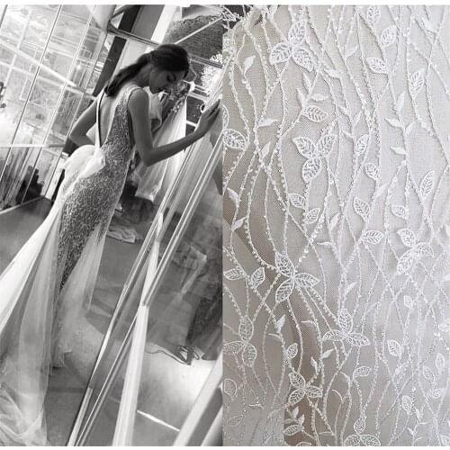 Ivory-white Summer Tree Leaves Embroidered With Sequins Beaded Handmade DIY Material High-grade Dress Cloth Width 130cm 1yard