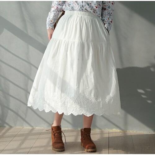 Spring Autumn Women Retro Solid Color Hollow Long Skirt Female Elastic Waist Pleated Casual Skirt Mori Girl Harajuku Cute Skirt