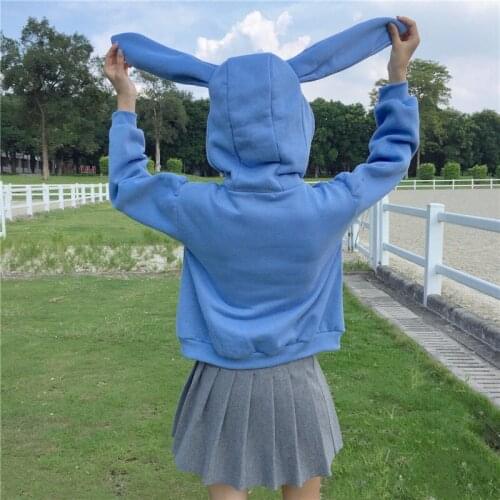 Sweet Kawaii Solid Color Autumn Winter Plus Rabbit Ear Loose Womens Sweatshirt Hooded Collar Long Sleeve Casual Sky Blue Hoodie