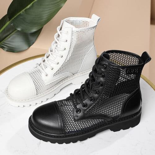 Women leather mesh breathable round toe martin boots ladies thick bottom platform Lace Up Ankle heels shoes