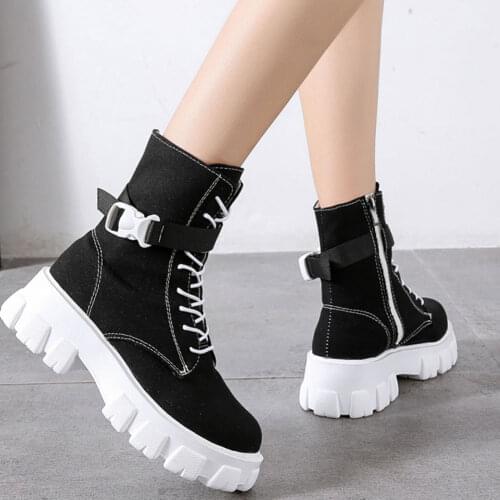 GIGIFOX Brand New INS Hot Black Green Fashion Casual Street Gothic Chunky Heels Canvas Ankle Boots Shoes For Women
