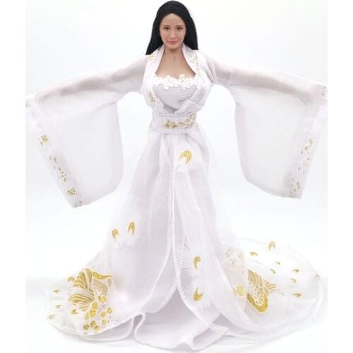 1/ 6 Scale Female Ancient Chinese Style White Embroidered Long Dress Clothing Accessories For 12 Inch Action Figure Dolls