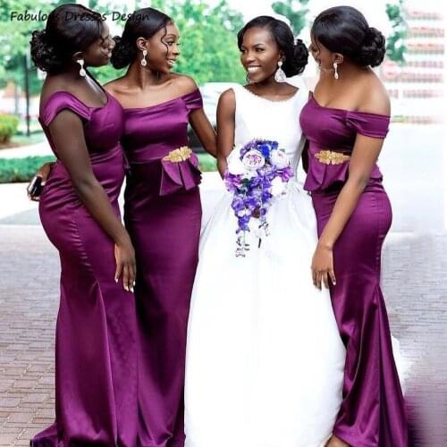 Mermaid Purple Long Bridesmaid Dresses Applique Off Shoulder Scoop Neck Wedding Party Dress Formal Robe De Soirée De Mariage