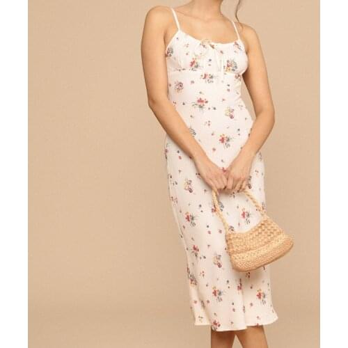 2021 Summer Womens Sling Midi Dress 100% Viscose Floral Print Spaghetti Strap Lady Lace-Up Collar Holiday Mid-Length Long Robe