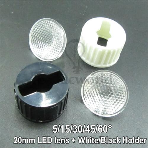 100 set 20mm Optical LED Lens + White Lens Holder or Black Lens Holder Angle 5 15 30 45 60 Degree For 1w 3w High Power LEDs