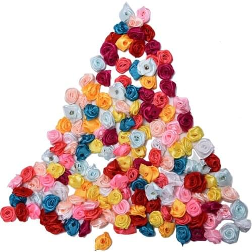 100pcs Handmade Satin Rose Ribbon Rosettes Mini Fabric Flower Bow Appliques For Wedding Decoration Craft Sewing Accessories NEW