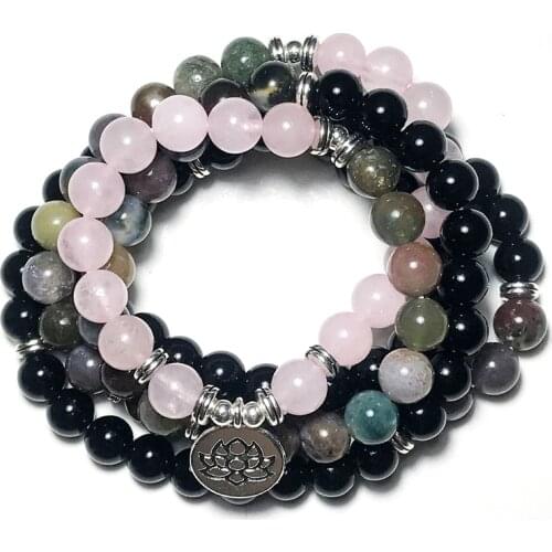108 Japamala Elastic Wrap Bracelet 8mm Natural Indian Agate Rose Quartz Black Onyx Beaded Bangle Meditation Yoga Healing Jewelry
