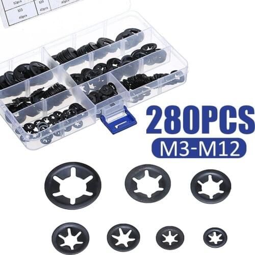 280Pcs/set 7 Sizes M3 M4 M5 M6 M8 M10 M12 Quicklock Starlock Push Nut Star Lock Washer Speed Flat Shaft Fastener Hardware Gasket