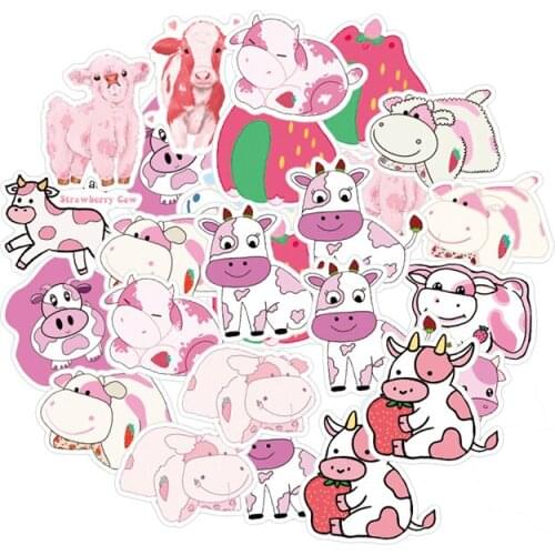 50Pcs Cute Pink Cows Stickers for Laptop Car Motorcycle Skateboard Fridge Luggage Phone Decal Suitcase Guitar Creative Sticker
