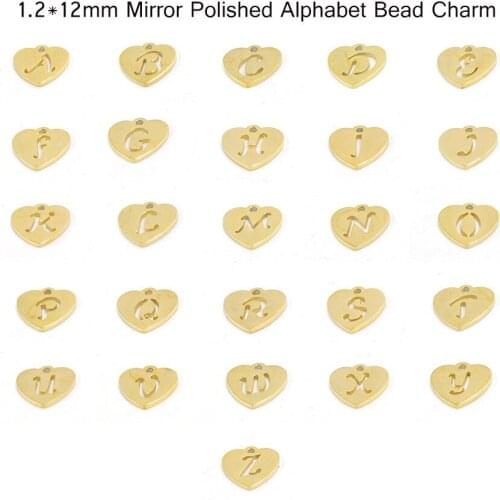 52pcs 12mm Gold/Rose Gold Color Stainless Steel Letter A-Z Mirror Polished Bead Small Hollow Heart Bead Alphabet Letters Charm