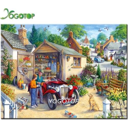 Spring 5d diamond Painting house car people full square round drill mosaic Puzzles Cross Stitch Automobile Repair Shop YY1199