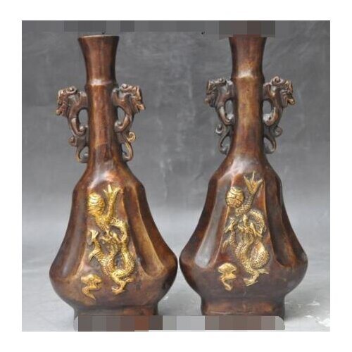Free shipping S00500 Marked china bronze gilt dragon beast lucky statue Zun Cup Bottle Pot Vase Jar