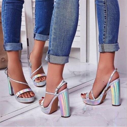Nice Fashion Silvery Bling Platforms Gladiator Sandals Woman Peep Toe High Heels Ankle Strap Pumps Party Nightclub Shoes