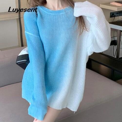 Elegant Y2k Girl Gradient Green Blue Pullover Loose Sweater Autumn Women O Neck Long Sleeve Sweet Sweaters Korean Knitted Top