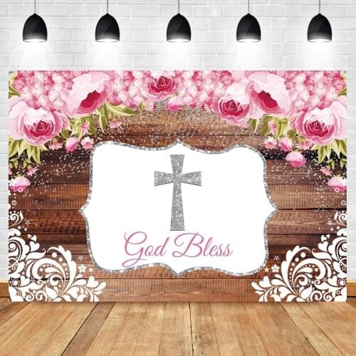 God Bless Baptism Wood Backdrop Pink Flowers Baby First Holy Communion Birthday Party Decor Photography Background Photo Studio