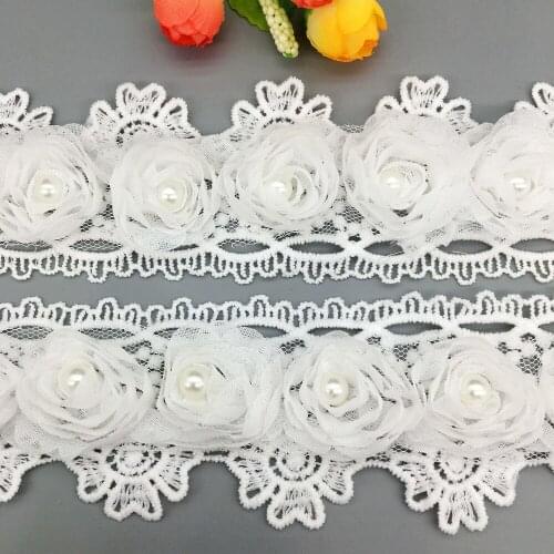 GXINUG 2 Yd Soluble Rose Flower Pearl Chiffon Lace Trim Mesh Ribbon Fabric Sewing Craft Wedding DIY For Costume Decoration