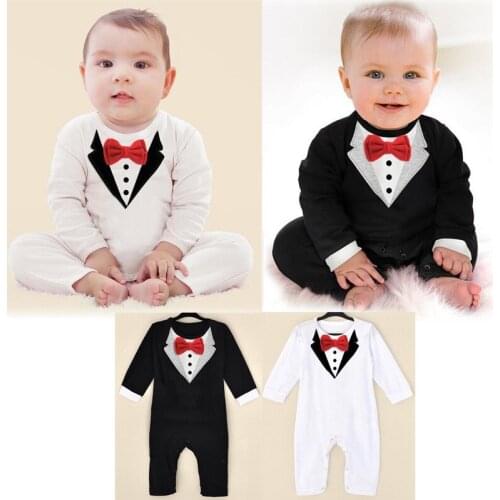 0-24months Cute Baby Boys Rompers Long Sleeve Bow Tie Baby Boys Jumpsuit Black White Gentleman Formal Newborn Clothes Jumpsuit