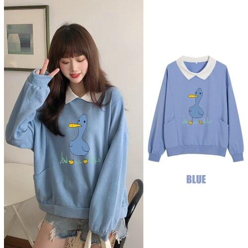 Kawaii Duck Sweatshirts Oversized Clothes Harajuku Cotton Women Cute Graphic Sweatshirt Long Sleeve Chic Top Best Friends Hoodie