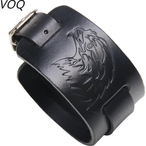 VOQ Punk Embossed Craft Eagle Head Bracelet Mens Wide Leather Wristband 2021New Creative Jewelry