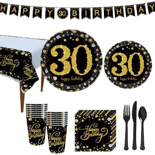 30th Birthday Party Supplies Set Black Gold Disposable Tableware Kit Decorations Plates Cups Napkins Banners Dinnerware Cutlery