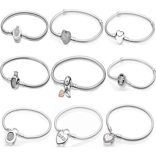 Original 925 Sterling Silver 9 Best Selling Heart Lock With Crystal An Crown Pan Bracelet For Women Wedding Gift Fashion Jewelry