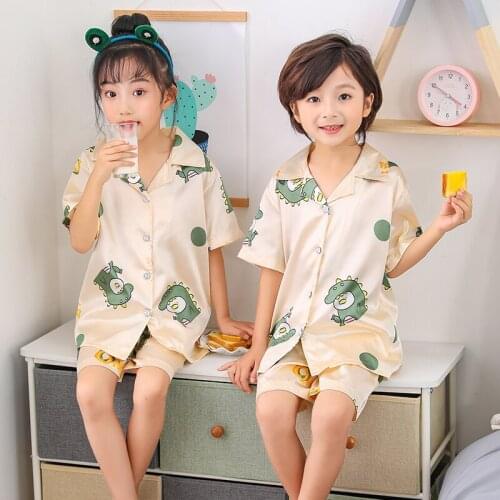 Girls Pajamas Soft Summer Short Sleeve Childrens Sleepwear Set Fake Silk Nightwear Boy Pyjamas Sets for Kids Childrens Day Gif