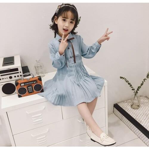 2019 Spring New Girls Dresses Childrens Wear Girls Fashion Chiffon Long-Sleeved Line Leading Pleated Dress