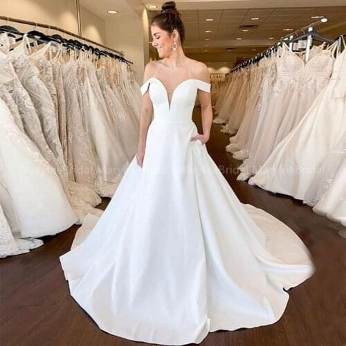 Custom Made Off Shoulder Simple Wedding Dress With Pockets 2020 White Ivory Satin Bridal Dresses With Chapel Vestidos De Noivia