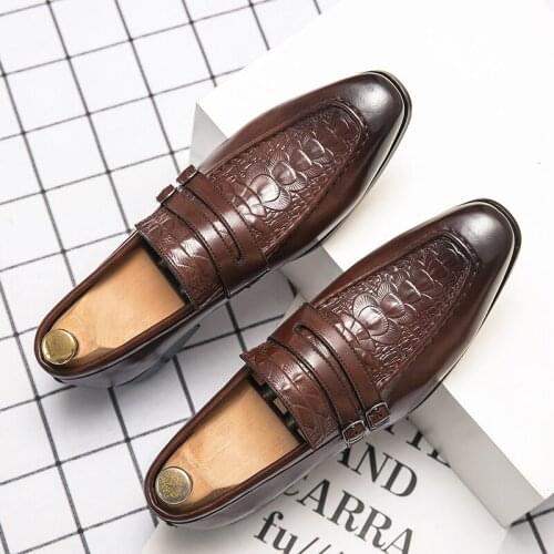 Luxury mens dress shoes leather crocodile wedding casual shoes button business office formal shoes zapatos hombre Big Sizi38-48