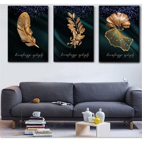 Nordic Plant Gold Leaf Feather Poster Olive Branch Canvas Painting Ginkgo Wall Art Pictures For Living Room Bedroom Decoration