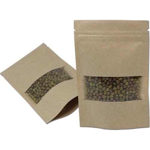500Pcs Stand Up Brown Kraft Paper with Clear Window Zip Lock Storage Bag Self Seal Zipper Tear Notch Dry Meat Snack Pack Pouches